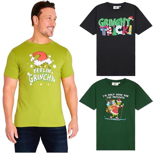 The Grinch T Shirts Men Teens 3 Pack Crew Neck T-Shirt Multipack Funny Christmas Festive Stocking Fillers Xmas Gifts for Him (M, Multi 3 Pack)