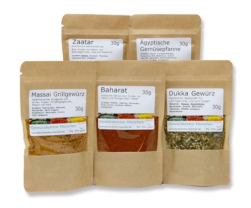 Afrika Gewürze Probierset-1, Dukkah Gewürz, Masai Grillgewürz, Baharat, Zaatar, Ägyptische Gemüsepfanne