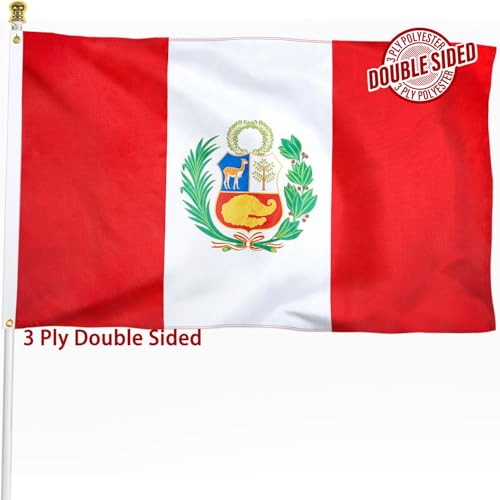 Peru Flag 3x5 ft Outdoor Bandera de Per Peruvian National Flag Double Sided 3 Ply Heavy Duty Polyester Banner with Brass Grommets for Home and Outdoor Decoration 4 Rows Stitching