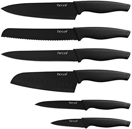 hecef Black Oxide Knife Set of 6 with Matching Blade Protective Sheath, Black Kitchen Knife Set, Scratch Resistant & Rust Proof, Hard Stainless Steel, Non Stick Black Color Coating Blade Knives