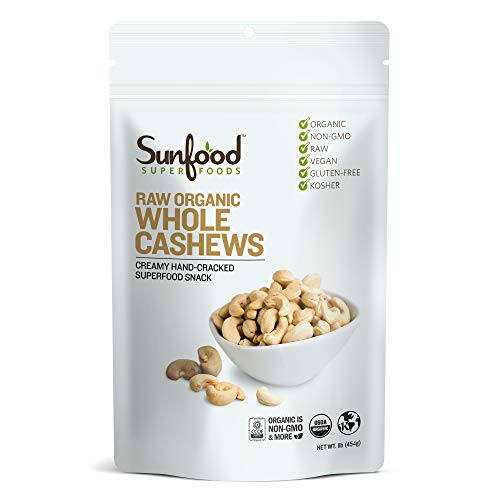 Sunfood Superfoods Organic Cashews - Raw, Whole & Unsalted | 1 Lb. Bag 16 Servings | Rich Creamy Flavor for Healthy Keto Paleo Diet | 100% Pure: No Additives | Non-GMO, Vegan, Gluten-Free