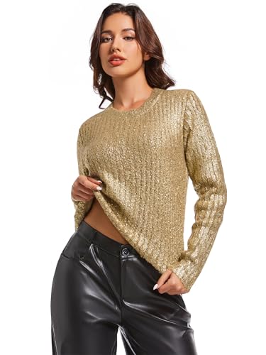 LifeShe Women's Metallic Knit Sweater Sparkly Party Gold Pullover Tops Crop Glitter Evening Outfits4