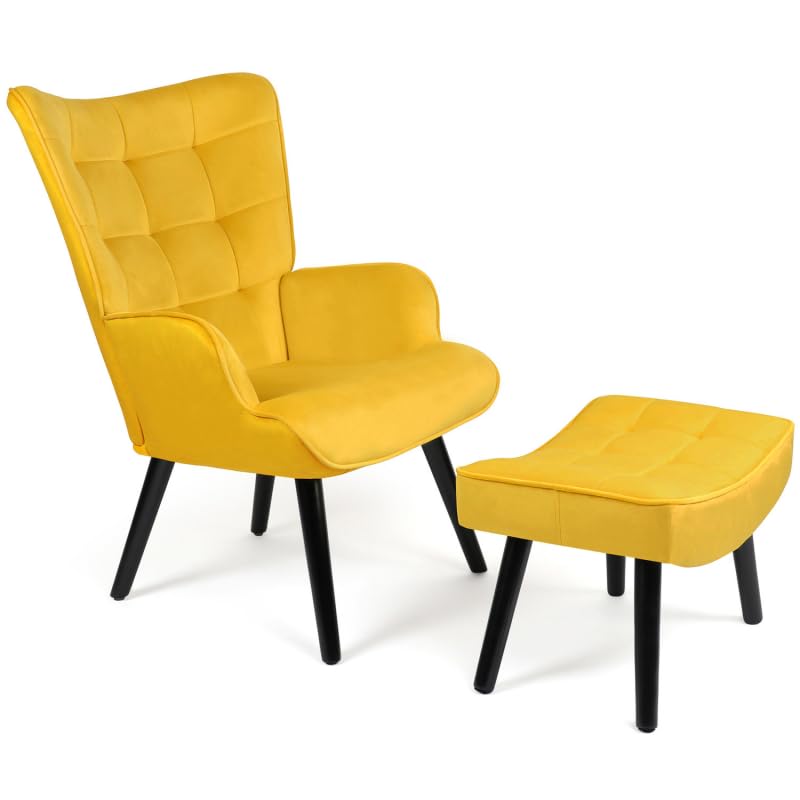 IDMarket - Sillón escandinavo ANIA con reposapiés de terciopelo amarillo