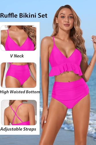 Image of Women Ruffle Bikini Set High Waisted Tummy Control Two Piece Swimsuits | Ruffle,High Waisted,Tummy Control,Removable Bra Pads,Adjustable Shoulder Straps,Full Coverage