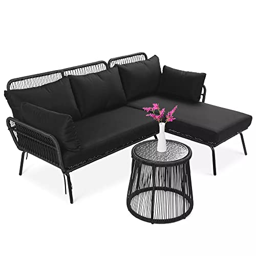 Image of DEVOKO 3 Piece Patio Conversation Set L-Shaped Sectional Sofa with Thick Cushions and Glass Top Coffee Table for Garden, Pool, Balcony (Black)