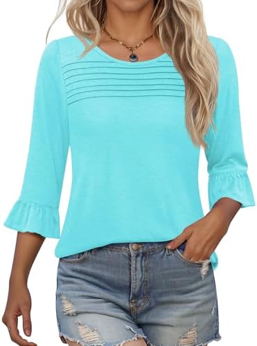 Blingfit Womens Tops 3/4 Length Sleeve Dressy Casual Shirts Bell Sleeve Front Pleated Fasion Trendy Summer Blouses 2026