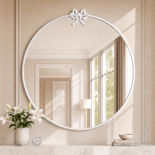 Image of 32 Inch White Circle Mirror, Bow Round Wall Mirror Vintage Decor
