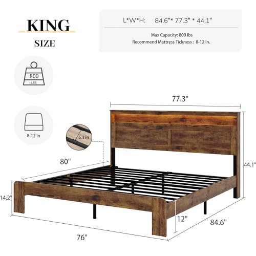 Image of King Size Wooden Bed Frame with Headboard, Rustic Farmhouse Wooden Bedframe with LED Lights and Charging Station, Easy Assembly, No Box Spring Needed (Rustic Brown, King)