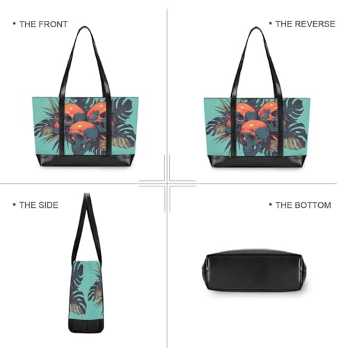 KLL Cool Human Skulls Green Monstera Deliciosa Leaves Waterproof bag for women 14 inch with zipper tote bag for women work Large Handbag for school with lunch maletín para laptop mujer3