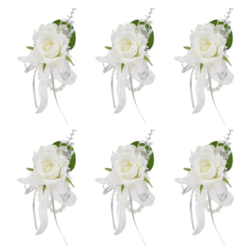 Meldel 6Pcs White Faux Silk Rose Corsages with Pearl Wristlet Wedding by Meldel - Used condition - US$18.60