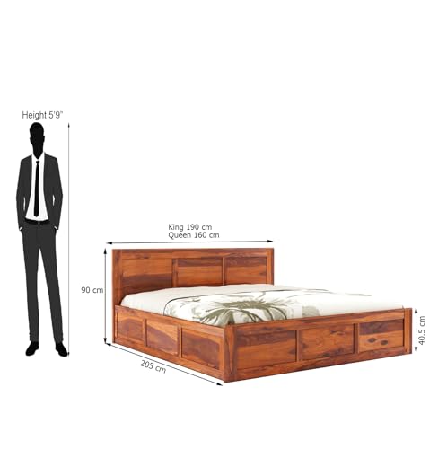 Image of Solid Sheesham Wood Queen Size Bed with Box Storage | Wooden Double Bed Cot Palang Furniture for Bedroom, Living Room, Guestroom and Hotel (Honey Finish)