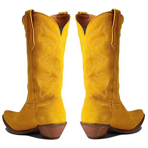 Image of LEHOOR Cowboy Boots Women Embroidered Mid Calf Western Boots Stacked Low Heel Pointed Toe Pull On Cowgirl Boot 4-11 M US