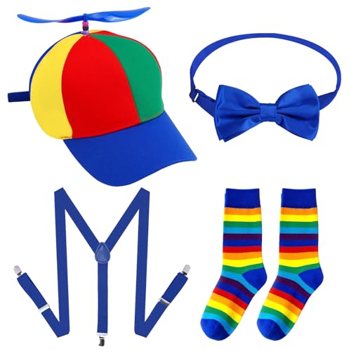 BEAUTIFABLE 5 Pcs of Propeller Hat Adult, Tweedle Dee and Tweedle Dum Costume Include 1 Rainbow Top Clown Hats, 1 Y Back Style Suspenders, 1 Bow Tie, 2 Clown Socks for Adult Men Women, Blue Set