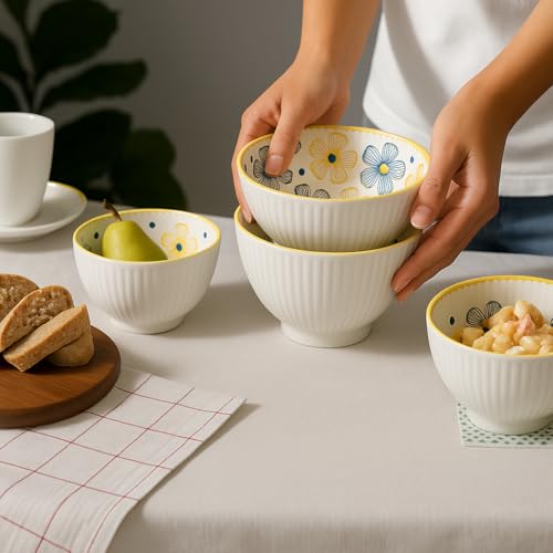Image of Bohemian Porcelain Dinnerware Set of 6-2 Mandala Dinner Plates & 4 Flora Soup Bowls - Microwave & Dishwasher Safe Ceramic Serving Set - Lead-Free, Scratch-Resistant (Blue & Yellow)