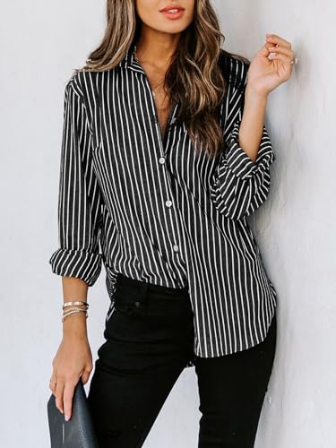 Image of siliteelon Striped Button Down Shirts Women Cotton Long Sleeve Work Blouses