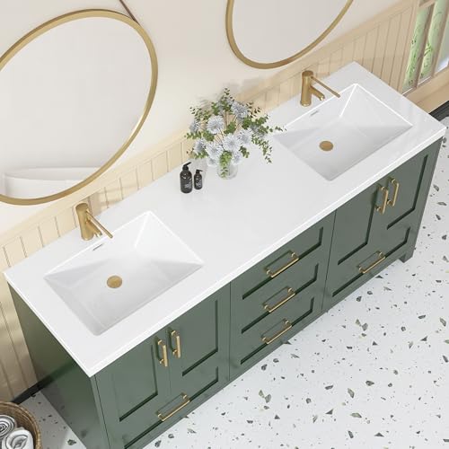 72 x 22 White Vanity Top with Sink Solid Surface Bathroom Vanity Sink Top with Double Sink Integrated Basin and Overflow in Glossy Pure White