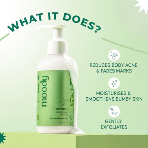 Image of Moody AcneXpert 5% AHA Body Lotion with Salicylic Acid & Green Tea | Body Lotion for Acne Prone Skin | Helps Reduce Body Acne, Strawberry Legs & Rough Texture | 48-Hour Moisturization for Men & Women | 200ml