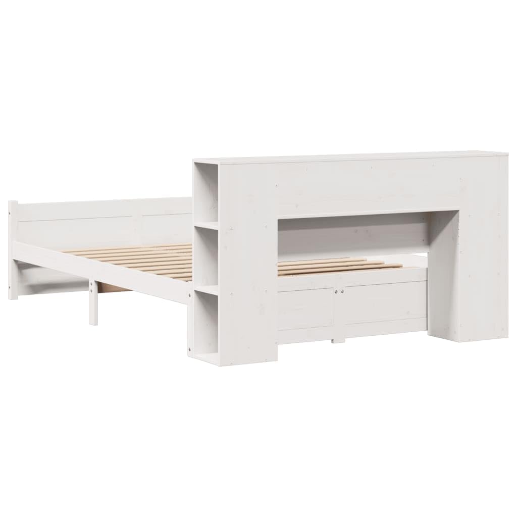 Cama de Madera Maciza Blanca con estantería y Soporte de láminas para colchón de 135x190 cm Ideal para dormitorios Juveniles y Adultos con Amplio almacenaje y diseño Funcional
