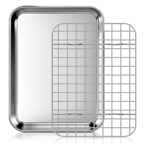 Fire More Backblech mit Abkühlgitter, Edelstahl Backrahmen Rechteckig, 23,5 x 17,5 x 2,5cm, Kuchenplatte mit deckel, Spülmaschinenfest, für Backen Braten Servieren