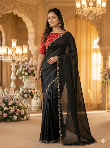 Image of Chinon Silk Saree with Embroidered Blouse, Traditional Georgette Saree, Elephant Embroidery Pattern, V-Neck Design, Free Size, Festival Wear