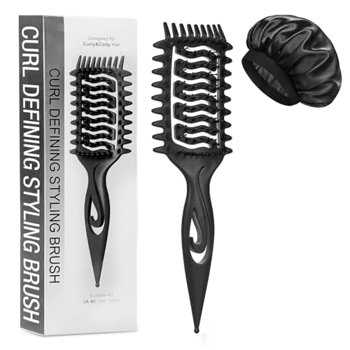 Image of Curl Defining Hair Brush: Vented Wide-Tooth Brush with Soft Bristles Effortless Curls & Smooth Waves Pain-Free Detangling for Women Bonus Bonnet Included (Black)
