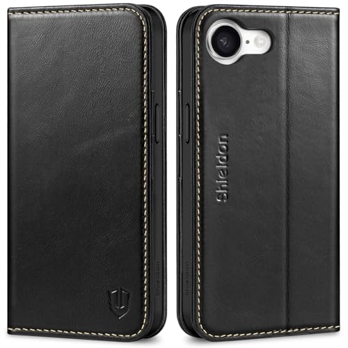 SHIELDON Wallet Case for iPhone 16e 2025, Genuine Leather Foldable Case Magnetic Closure Kickstand RFID Blocking Card Holder Shock-Absorbent Phone Cover Compatible with iPhone 16e 6.1' - Retro Black