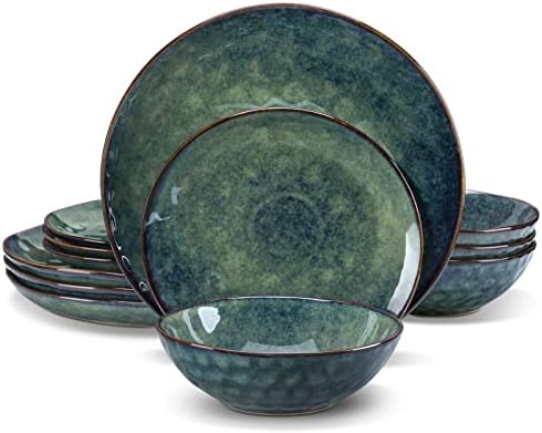 vancasso Starry Dinnerware Set Ceramic Green Stoneware Set Vintage Look 12 Pieces Plate Set with 11 inch Dinner Plates, 8 inch Dessert Plates and 7 inch Bowls, Service for 4