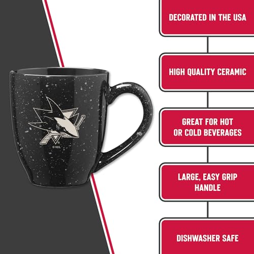 Image of Rico Industries NHL Hockey San Jose Sharks Black Personalized 16 oz Team Color Laser Engraved Speckled Ceramic Coffee Mug