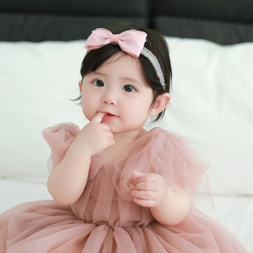 Baby Mädchen Stirnbänder Baby Blume Elastisches Stirnband Schleife Spitzen Weiches Haarband Schmetterling Knoten Satinband Haarschmuck Babygeschenke für Neugeborene(Graue Rosa Schleife)