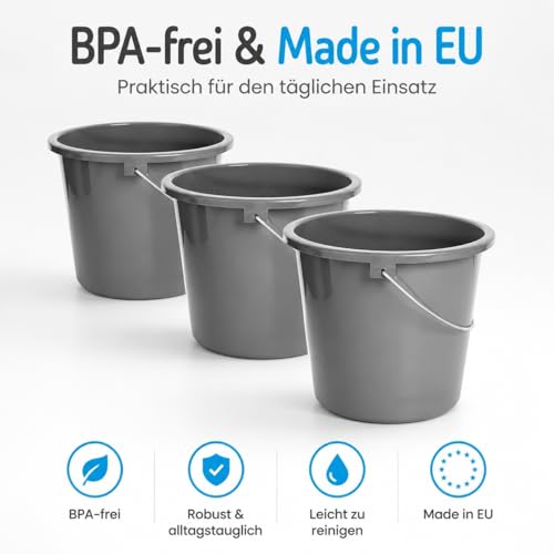 2friends Putzeimer 10l Haushalteimer, Eimer 3er Set, Wischeimer mit Meßskala und Metallgriff, Putzkübel aus Kunststoff, Plastikeimer ohne BPA, Wascheimer grau, vielseitig und robust, Made in EU