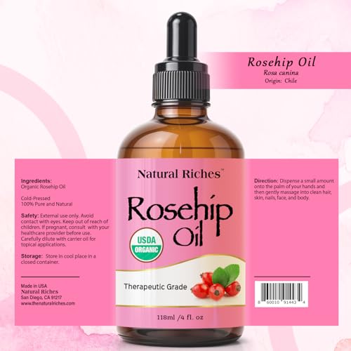 Natural Riches Organic Rosehip Seed Oil for Face 100% Pure Natural Cold Pressed Unrefined Non-GMO Carrier Oil for Skin Hair & Nails. 4 fl oz.