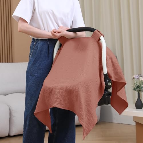 Image of 100% Muslin Cotton Car Seat Cover Baby, Carseat Canopy Cover, Universal Fit Stroller Covers for Boys and Girls (Blush)