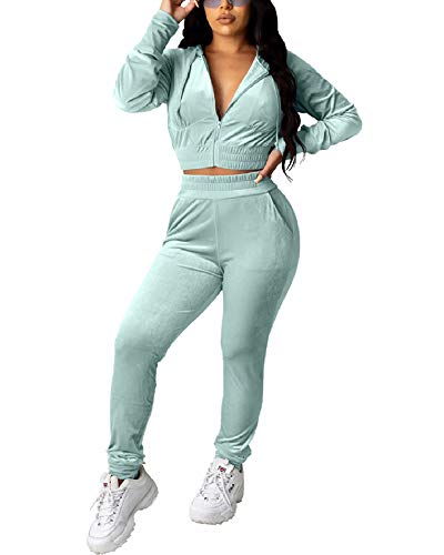 Women Velour 2 Piece Outfits Soft Bodycon Hooded Jacket Pants Jogging Set Tracksuit Sportswear with Pockets Mint Green M
