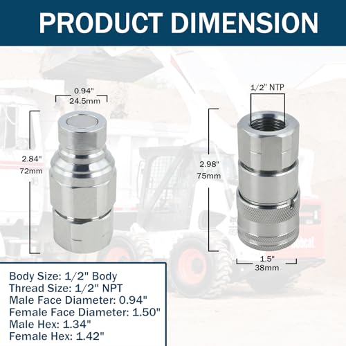 Image of 1 /2 inch Skid Steer Flat Face Hydraulic Quick Connect Couplers With Dust Covers - Compatible With Parker FE Series | Faster FFH Series | Snap Tite 74 Series