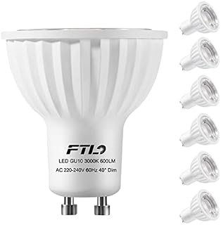 FTL GU10 LED Bulbs, Warm White 3000K, Dimmable 7W(60W Halogen Equivalent) 600LM, 40 Degree Beam Angle Spotlight, 6 Pack