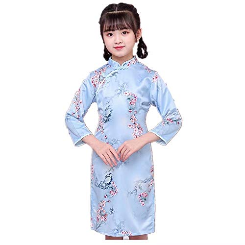 Silk Girl Qipao Dress Soft Floral Long Girls Full Dresses Cheongsam Chinese Traditional Uniform for School Party