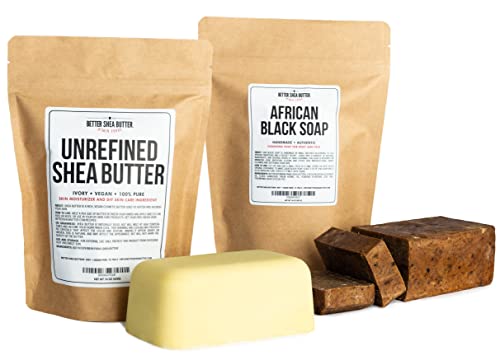 African Black Soap & Raw Shea Butter Acne and Scar Treatment Set - Diminish hyperpigmentation, scars, acne, eczema & skin issues. For body, face and hair. 16 oz Black Soap, 16 oz Unrefined Shea Butter
