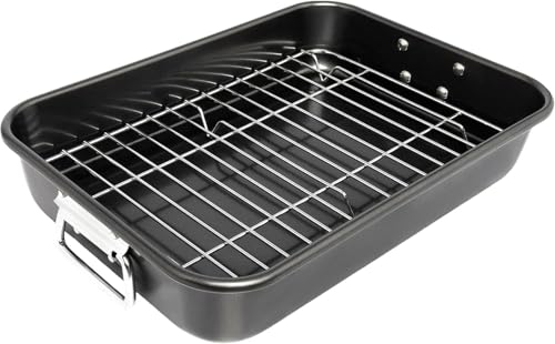 Roasting Pan with Rack - 15 Inch Carbon Steel Roaster Pan for Oven - Large Roaster Pot with Handle...