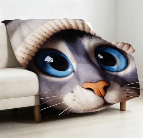 Couverture polaire chat dessiné gris grand format pour protection froid - 3