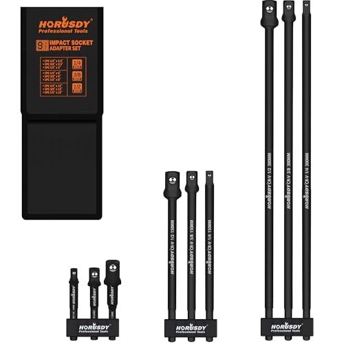 HORUSDY 9-Piece Impact Socket Adapter Extension Set with Storage Pouch, 1/4' 3/8' 1/2' Drive, 3' 6' 12' Hex Shank Impact Grade Socket Adapters for Power Drill & Impact Driver