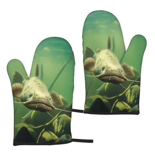 2 pcs Catfish Print Kitchen Oven Mitts and Gloves