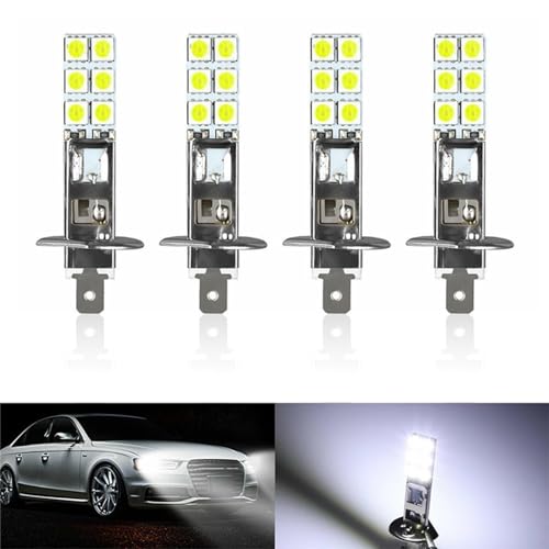 Yonput 4 PCS H1 Car LED Fog Lamps, 2.4In x 0.4In Super Bright Metal 12SMD-5050 Chip Plug and Play Low Beam LED Bulbs, Universal 12V Waterproof Driving Light Lamp for Car Trucks SUVs (White Light)