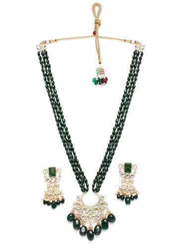 Image of Karatcart Gold Plated Green Crystal and Pearl Studded Kundan Rani-Haar Necklace Set for Women