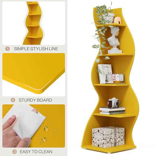 Image of Tribesigns Corner Shelf, Modern 5-Tier Wall Corner Bookshelf, Stylish Corner Small Bookcase Storage Rack Plant Stand with Unique Shape for Living Room, Home Office (Yellow, 1PC)