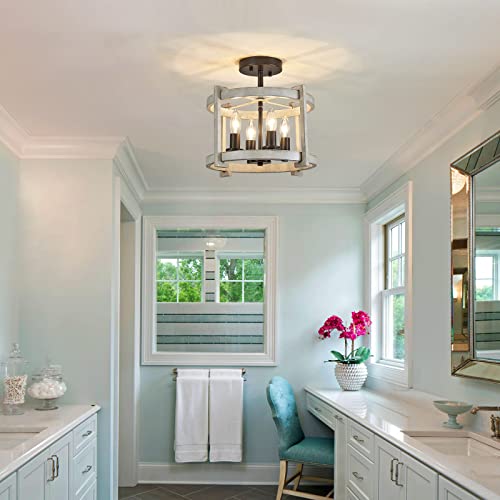 Meixisue 4-Lights Retro Semi Flush Mount Ceiling Light Fixtures,Orb+Oak White,Farmhouse Rustic Vintage Antique Ceiling Light Fixture For Hallway Kitchen Dining Room Bedroom Ul Listed #TOP5