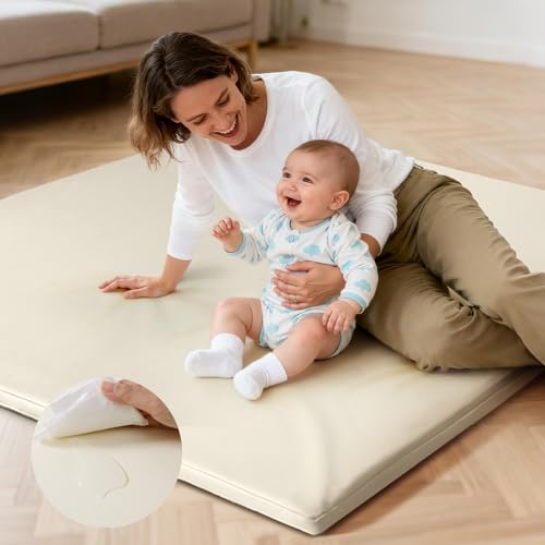 Favodormir Wasserdicht Krabbelmatte Baby 127x127x3cm,Beige Kunstleder Spielmatte Baby,Schaumfüllung Teppich kinderzimmer,Rutschfester Unterseite,Pflegeleicht, Spielteppich Kinder für Laufgitter