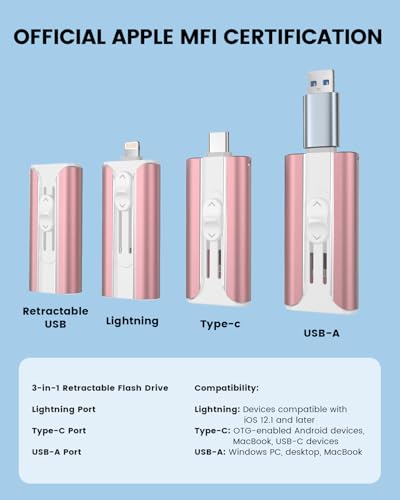 Image of MFI Certified 256GB Flash Drive - Photo Stick and USB Stick Offers Photo /Video Storage, The External Storage is Compatible with iOS, Android, and Pc,1 Pack (Pink)(Available Space: ~244GB)