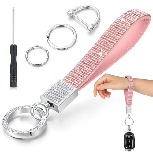 Huquary Bling Rhinestone Leather Car Keychain 4.72 Inch Keyholder with Rhinestones Shinning for Women Girls Christmas Gifts(Pink)