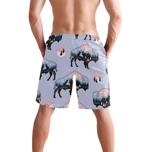 Men's Swim Trunks Quick Dry Swimming Shorts with Pocket Buffalo Silhouettes with Landscape Scenes Swimsuit Trunks2