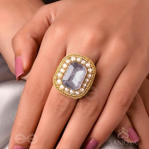 Image of SANJOYA by EVERSTYLISH Embroidered Ring for Women | Shell & Beaded Adjustable Statement Ring | Ethnic Jewelry for Weddings & Festive Occasions